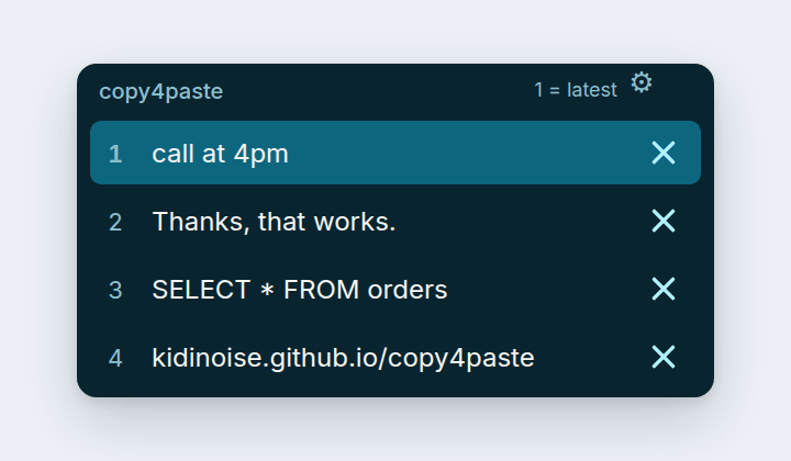 The copy4paste picker in the Cyan skin: four clipboard rows, the first one highlighted in teal, on a deep teal panel.