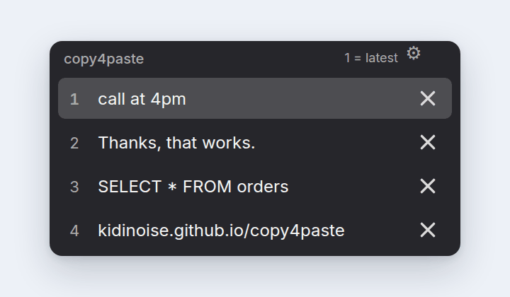 The copy4paste picker in the Dark skin: four clipboard rows, the first one highlighted, on a charcoal panel with rounded corners.