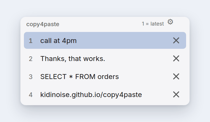 The copy4paste picker in the Light skin: four clipboard rows, the first one highlighted, on an off-white panel with rounded corners.