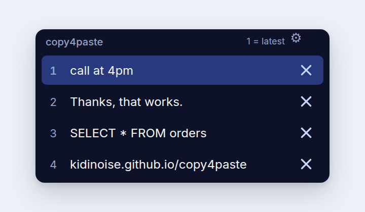 The copy4paste picker in the Midnight skin: four clipboard rows, the first one highlighted in navy, on a near-black blue panel.