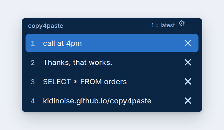 The copy4paste picker in the Ocean community skin: four clipboard rows, the first one highlighted in blue, on a dark navy panel with tighter corners.