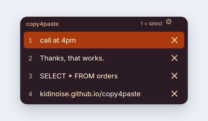 The copy4paste picker in the Sunset community skin: four clipboard rows, the first one highlighted in burnt orange, on a warm plum panel with very round corners.